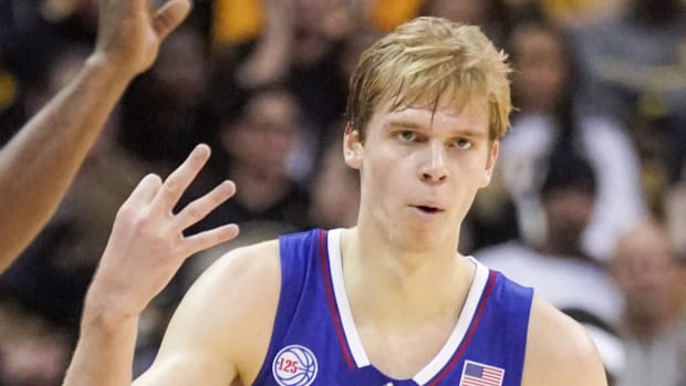 Dec 10, 2022; Columbia, Missouri, USA; Kansas Jayhawks guard Gradey Dick (4) reacts after scoring a three point shot against the Missouri Tigers during the first half at Mizzou Arena. Mandatory Credit: Denny Medley-USA TODAY Sports